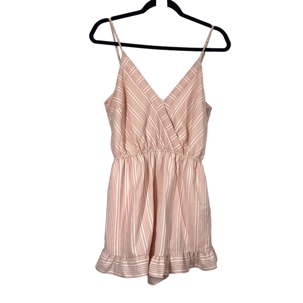 PPLA Romper Babydoll Striped Spaghetti Strap Ruffle Hem Cutout Tie Back